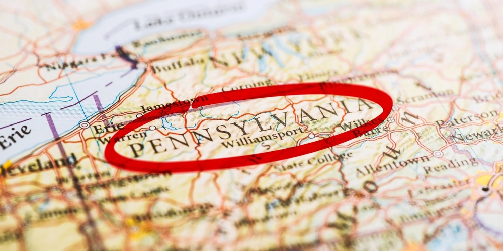 Close up shot of a map of the US with Pennsylvania circled in red ink