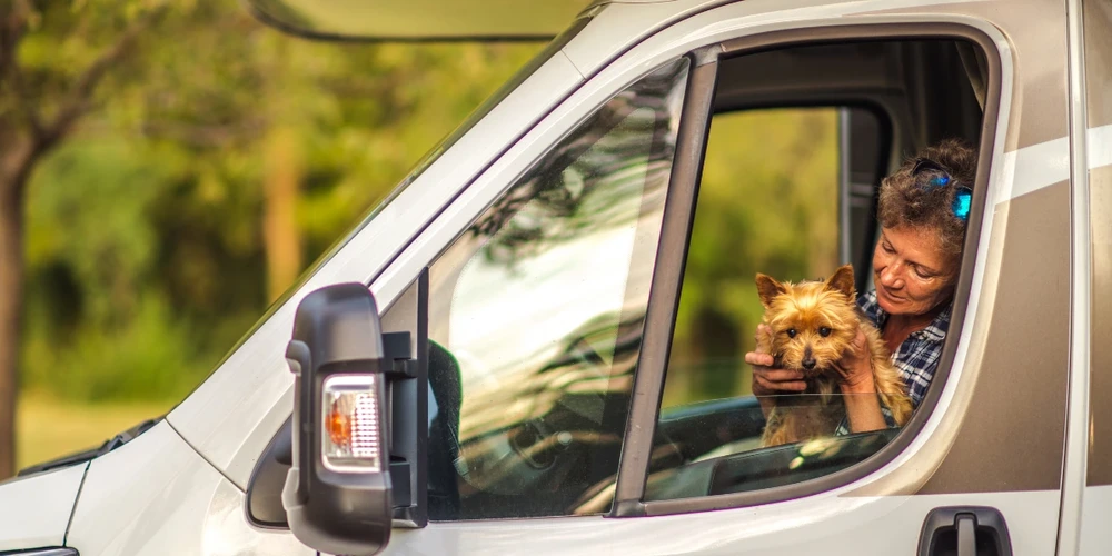 Older woman on the front seat of her campervan with terrier dog