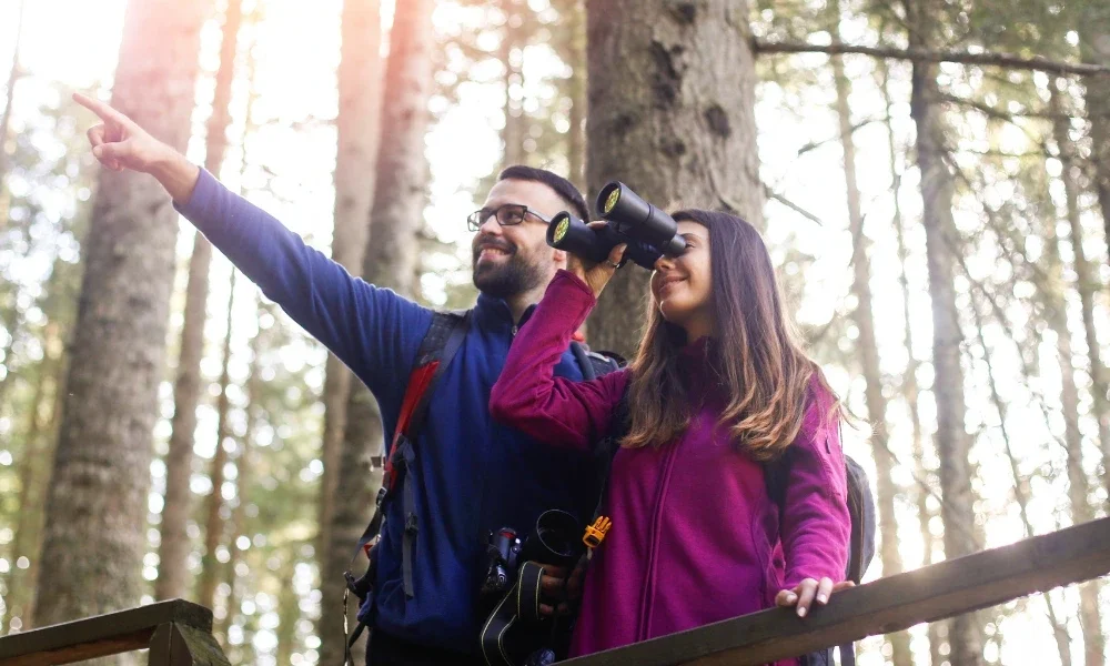 A young couple bird watching