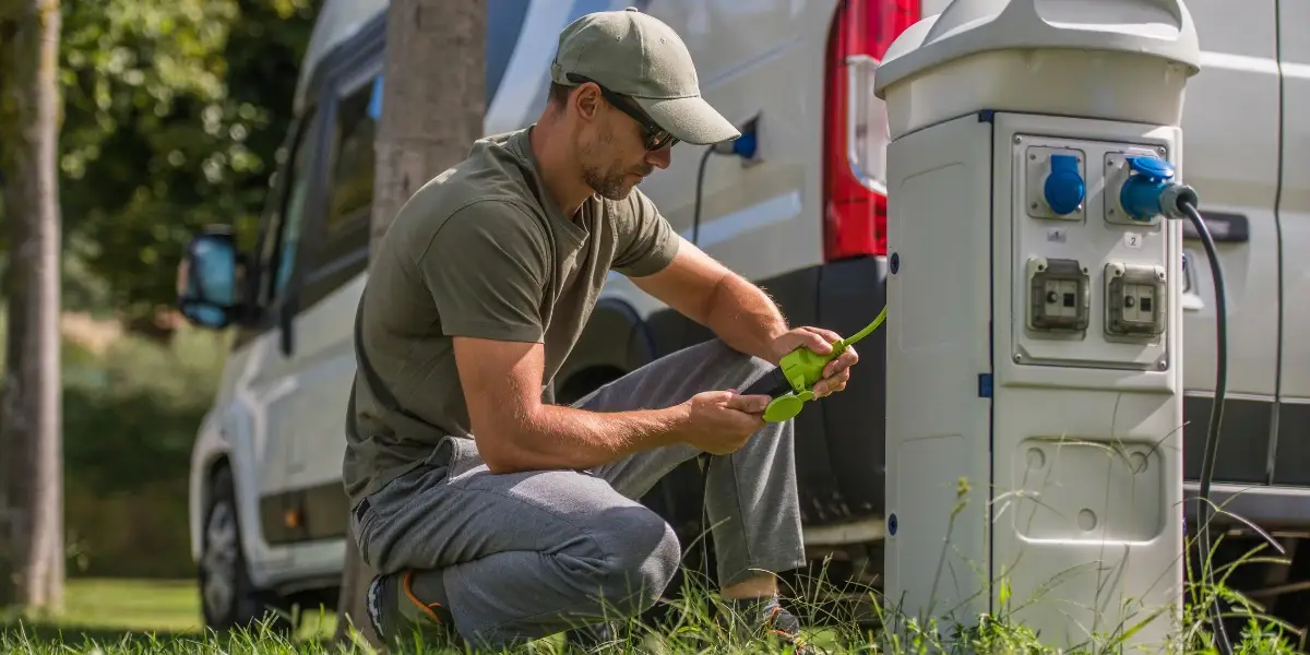 Man attaching the electric plug of his RV to an RV hookup tower.