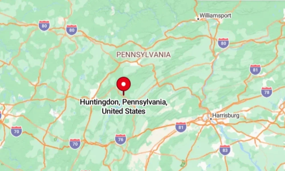 A map showing Huntingdon, Pennsylvania