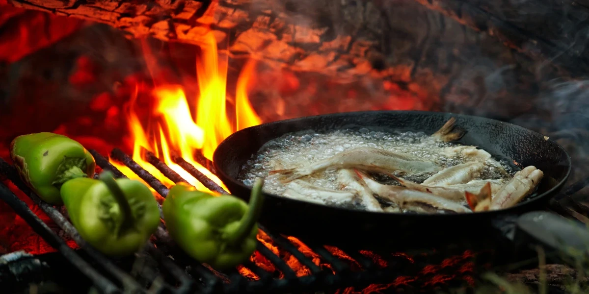 Campfire cooking. Pan with fish on it on and some bell peppers next to the pan