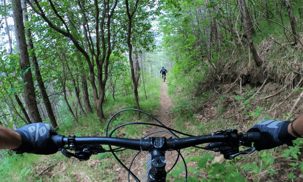 Mountain biker on a trail, following another biker.