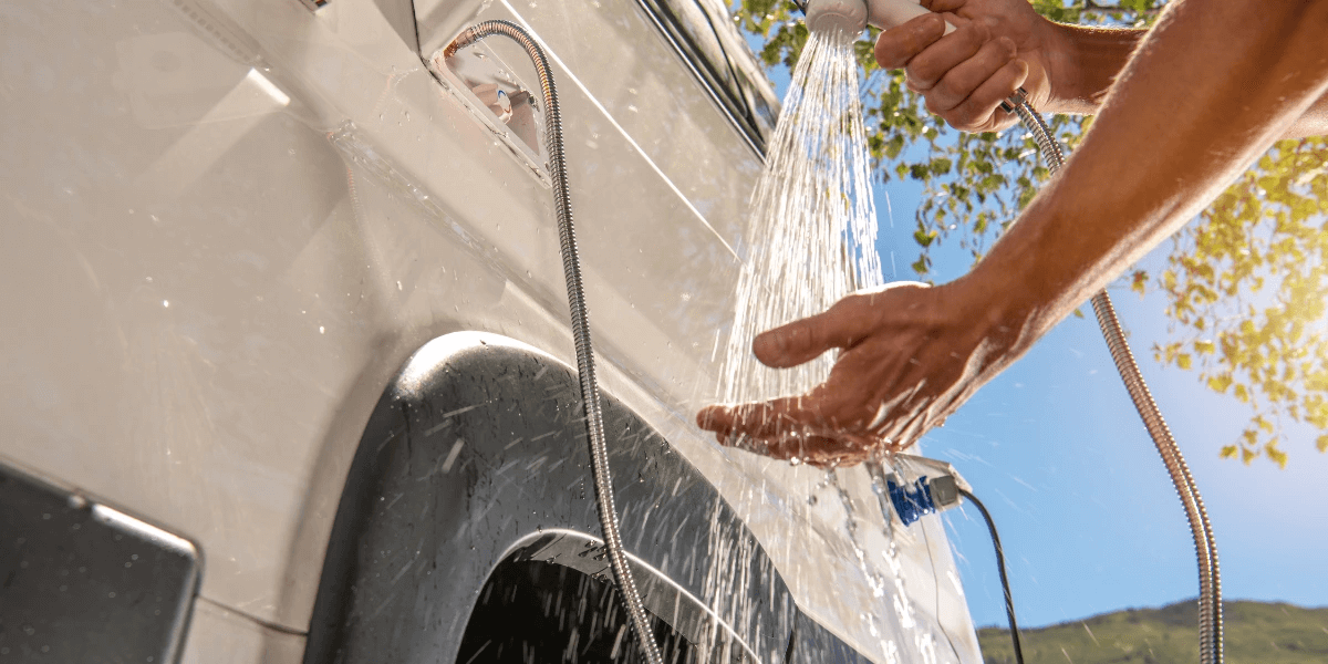 Shower connected to an RV camper