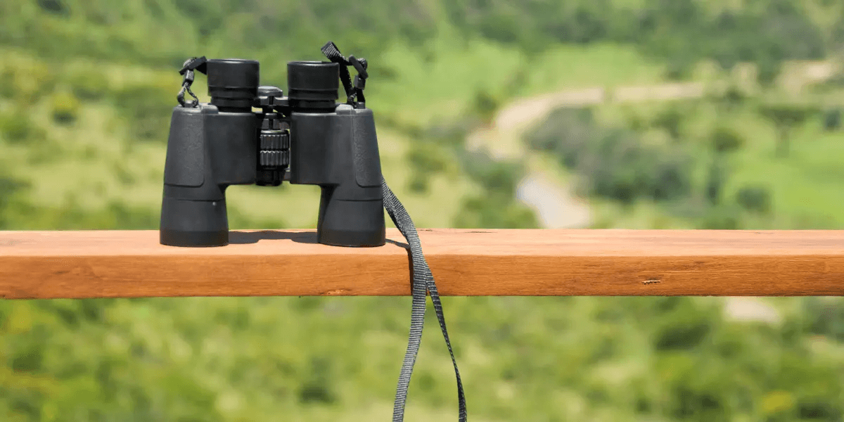 Binoculars in front of a green landscape